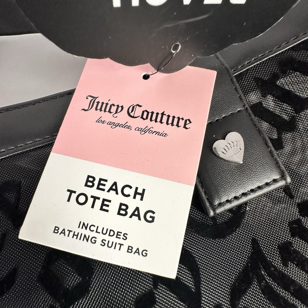 Juicy Couture Black Mesh Logo Beach Tote Bag W/ Zip Bathing Suit Pouch Goth NWT - Picture 6 of 12